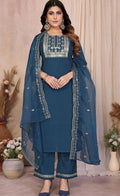 Women's Navy Blue Embroidered Kurta Palazzo Set with Organza Dupatta