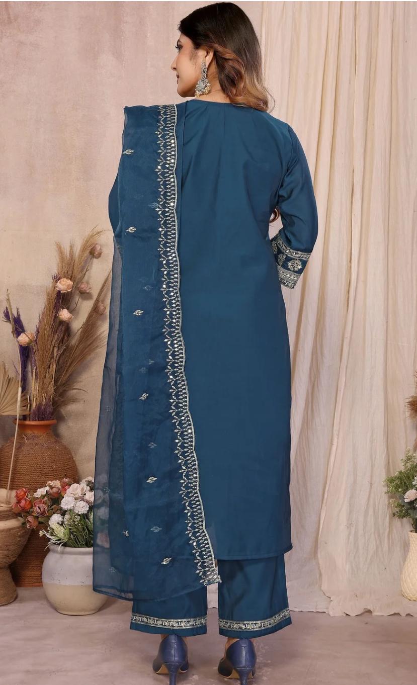 Women's Navy Blue Embroidered Kurta Palazzo Set with Organza Dupatta
