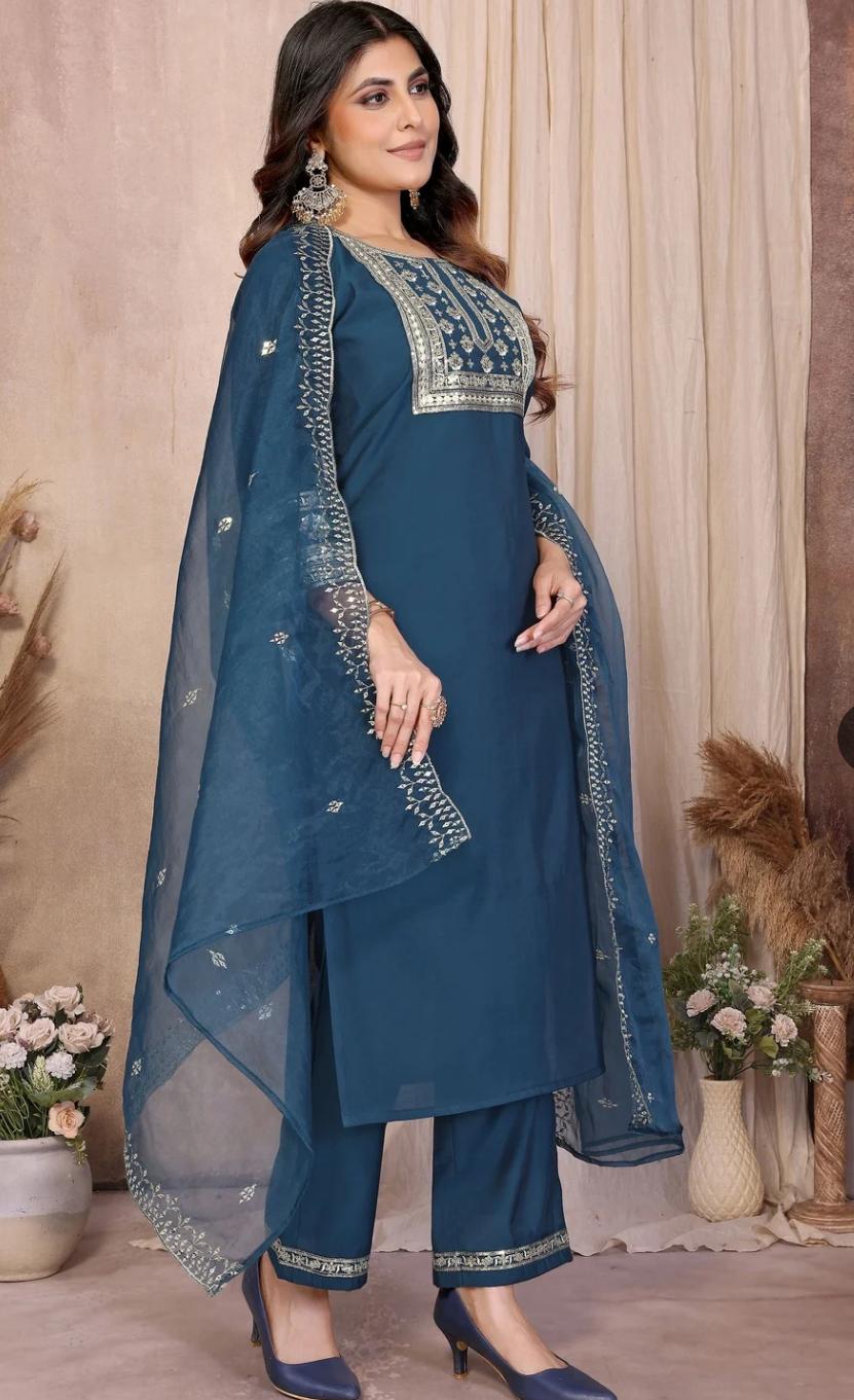 Women's Navy Blue Embroidered Kurta Palazzo Set with Organza Dupatta