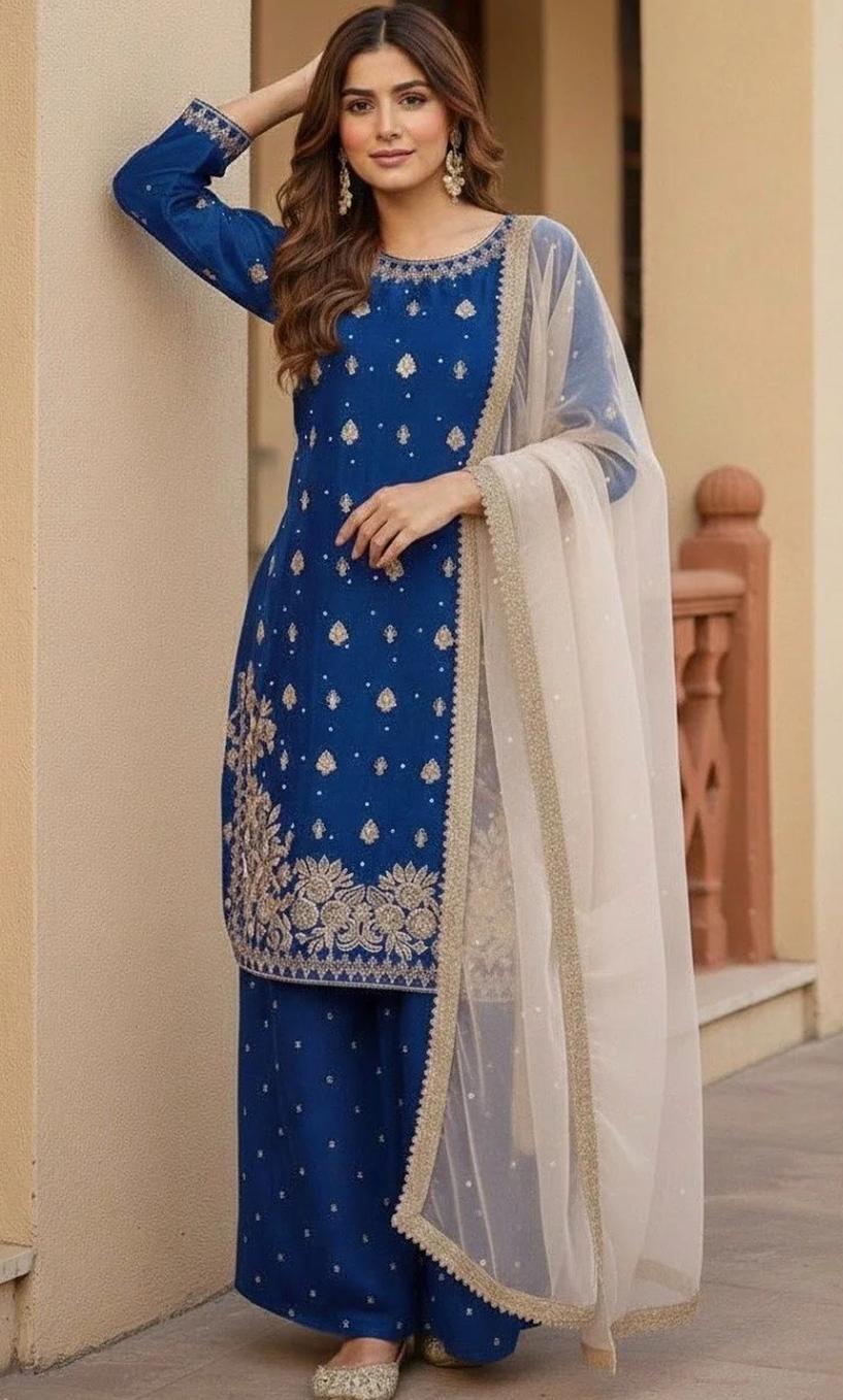 Royal Blue Embroidered Kurta Palazzo Set with Organza Dupatta