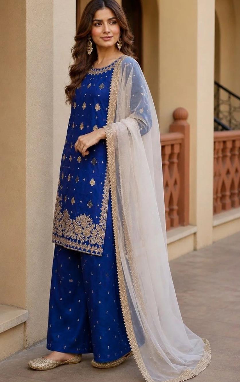 Royal Blue Embroidered Kurta Palazzo Set with Organza Dupatta
