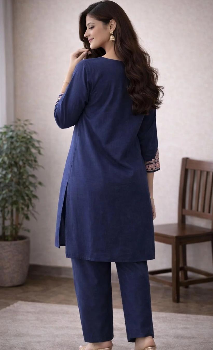 Navy Blue Floral Embroidered Straight Kurta Pant Set