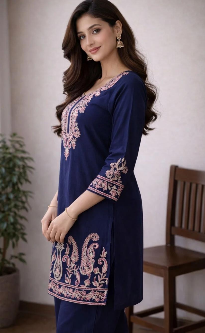 Navy Blue Floral Embroidered Straight Kurta Pant Set