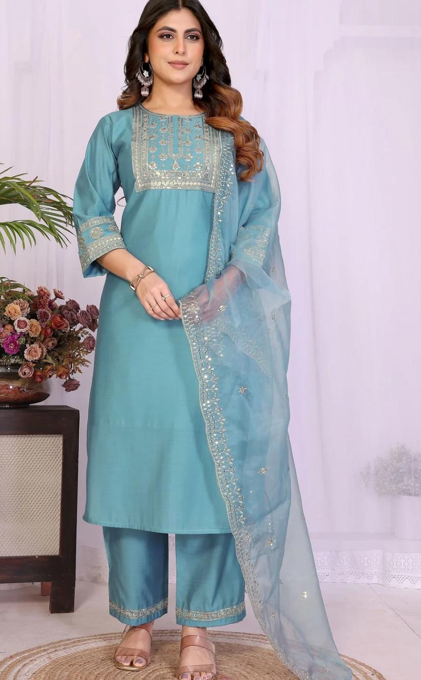 Aqua Blue Embroidered Kurta Pant Set with Organza Dupatta