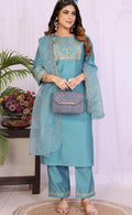 Aqua Blue Embroidered Kurta Pant Set with Organza Dupatta