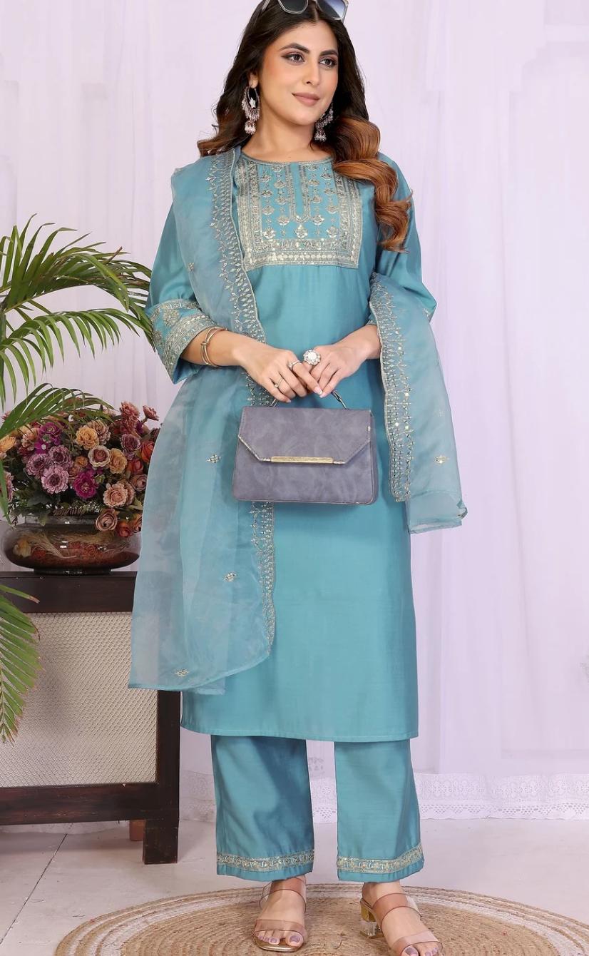 Aqua Blue Embroidered Kurta Pant Set with Organza Dupatta