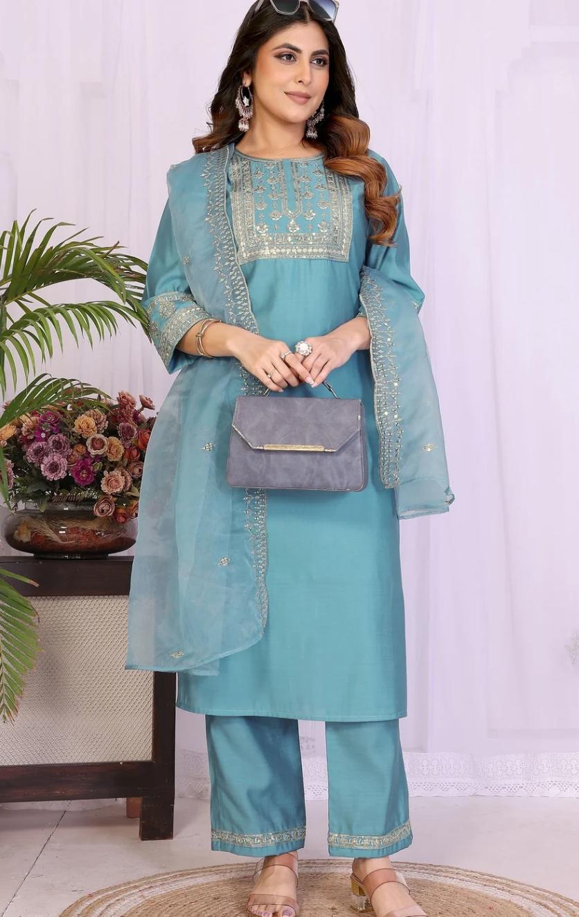 Aqua Blue Embroidered Kurta Pant Set with Organza Dupatta
