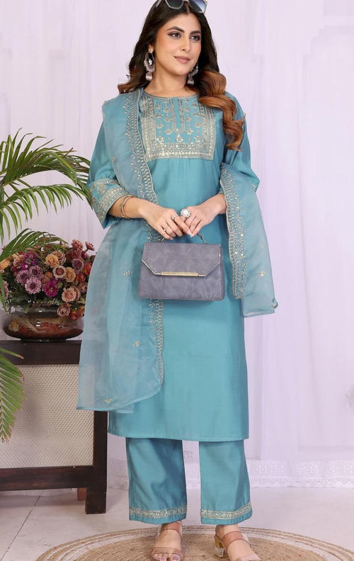 Aqua Blue Embroidered Kurta Pant Set with Organza Dupatta
