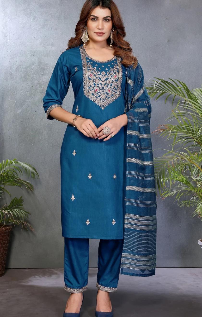 Teal Blue Embroidered Kurta Pant Set with Woven Dupatta