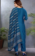 Teal Blue Embroidered Kurta Pant Set with Woven Dupatta