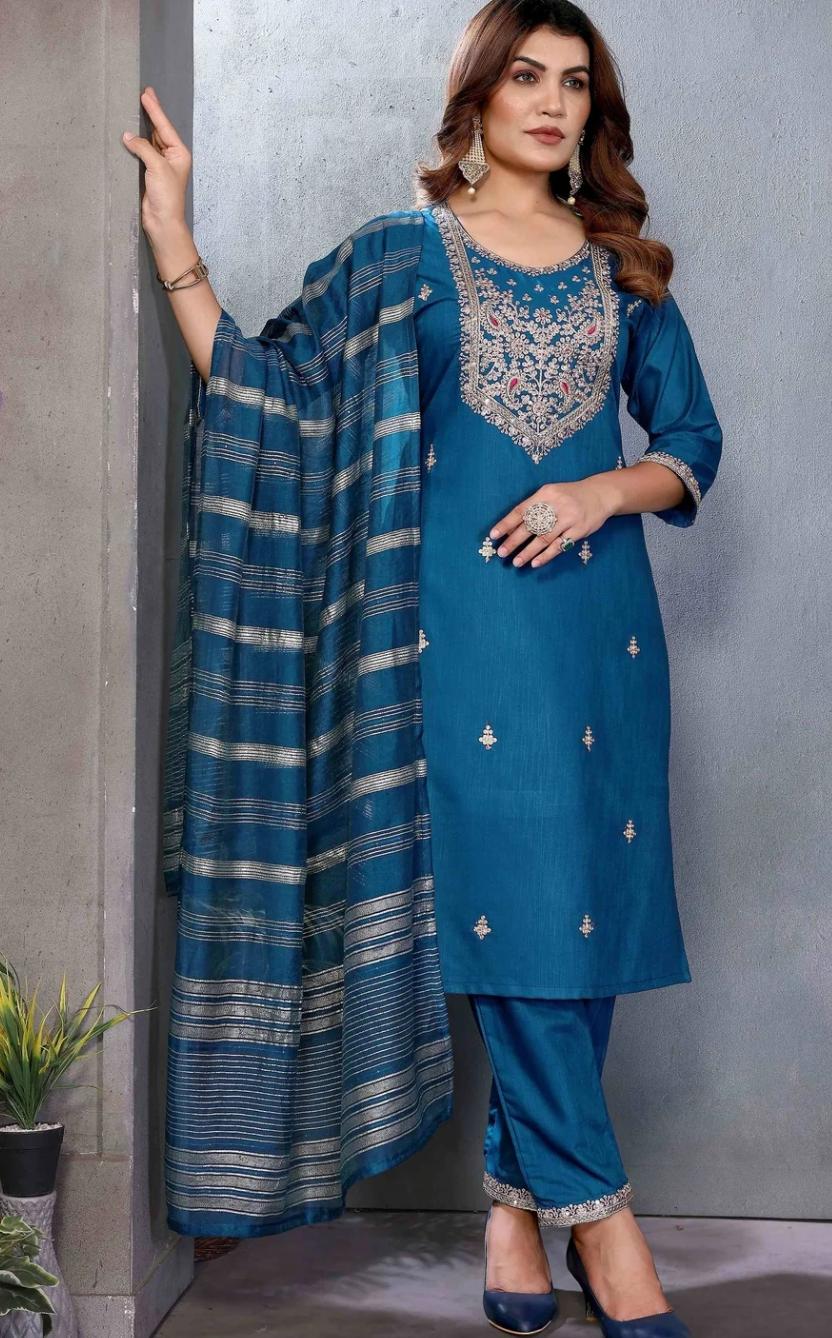 Teal Blue Embroidered Kurta Pant Set with Woven Dupatta