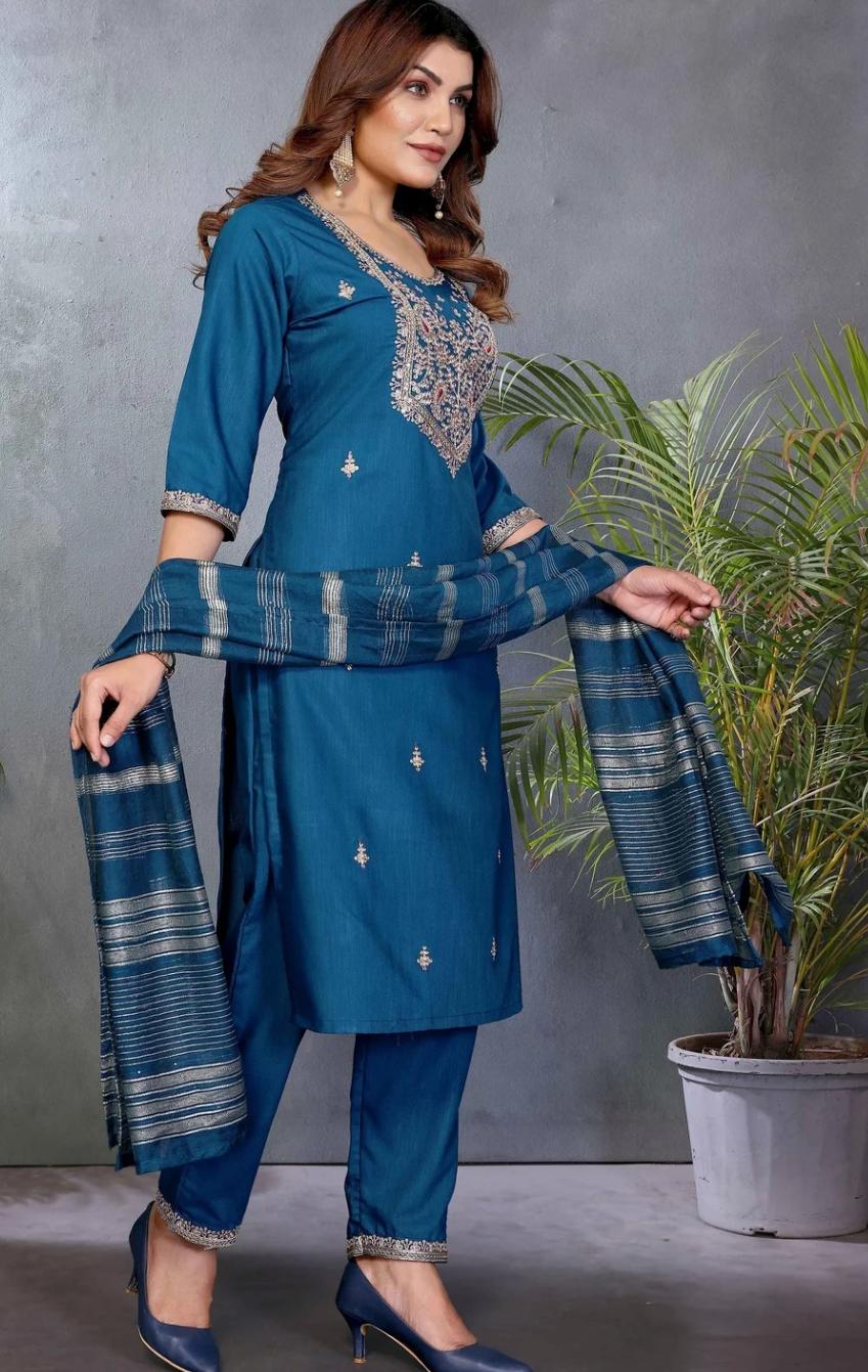 Teal Blue Embroidered Kurta Pant Set with Woven Dupatta