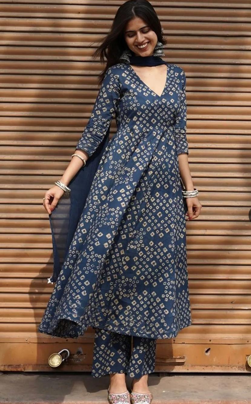 Navy Blue Bandhani Print Anarkali Kurta Set with Dupatta
