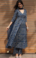 Navy Blue Bandhani Print Anarkali Kurta Set with Dupatta