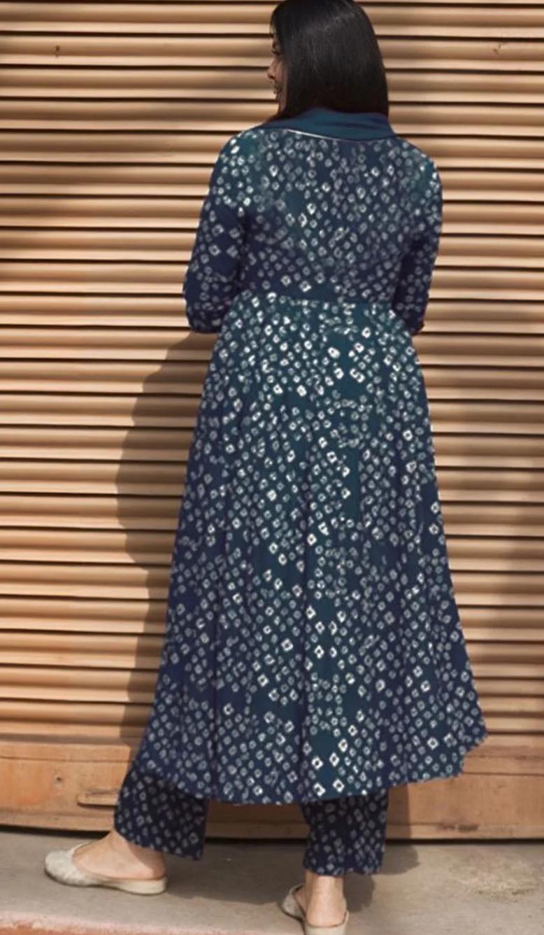 Navy Blue Bandhani Print Anarkali Kurta Set with Dupatta