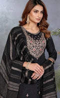 Black Embroidered Kurta Pant Set with Woven Striped Dupatta