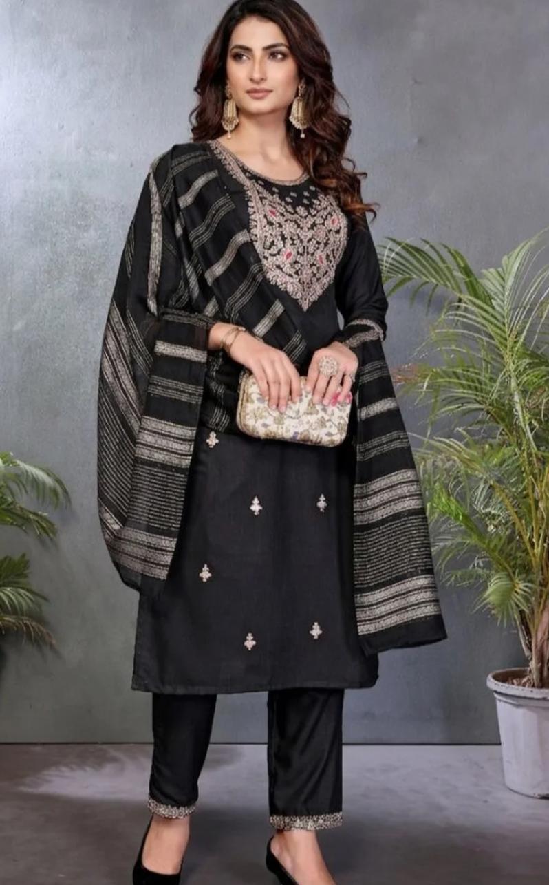 Black Embroidered Kurta Pant Set with Woven Striped Dupatta