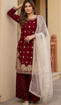 Maroon Embroidered Kurta Palazzo Set with Net Dupatta