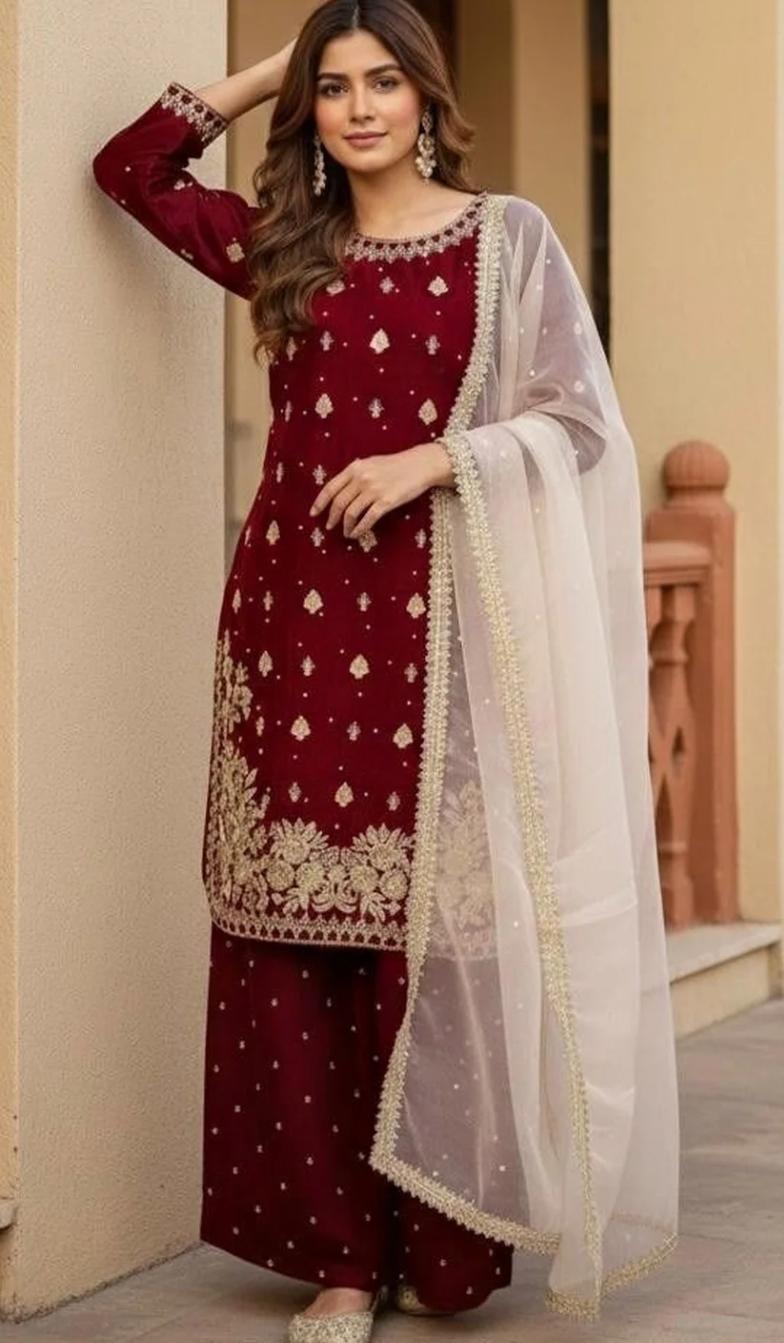 Maroon Embroidered Kurta Palazzo Set with Net Dupatta