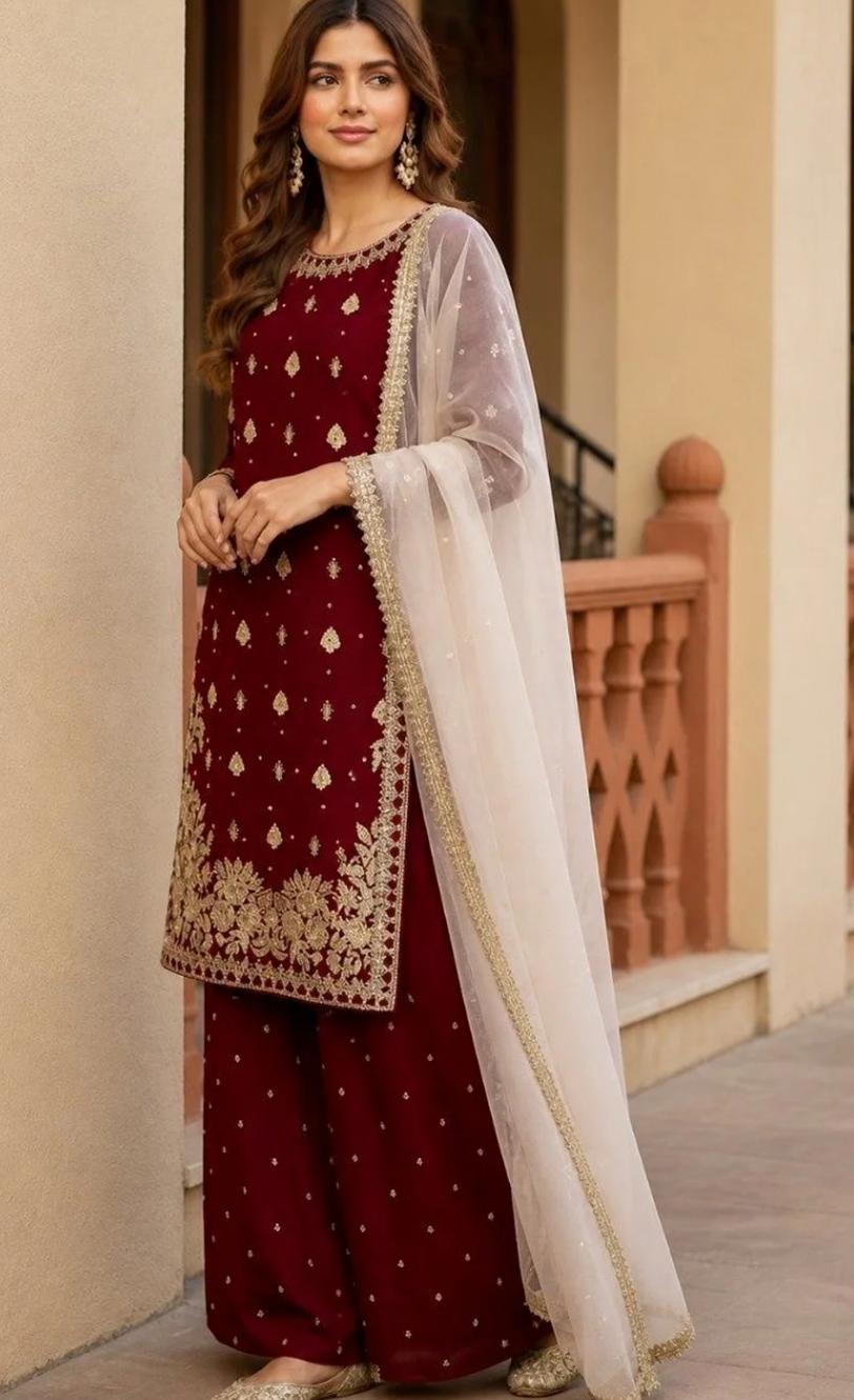Maroon Embroidered Kurta Palazzo Set with Net Dupatta