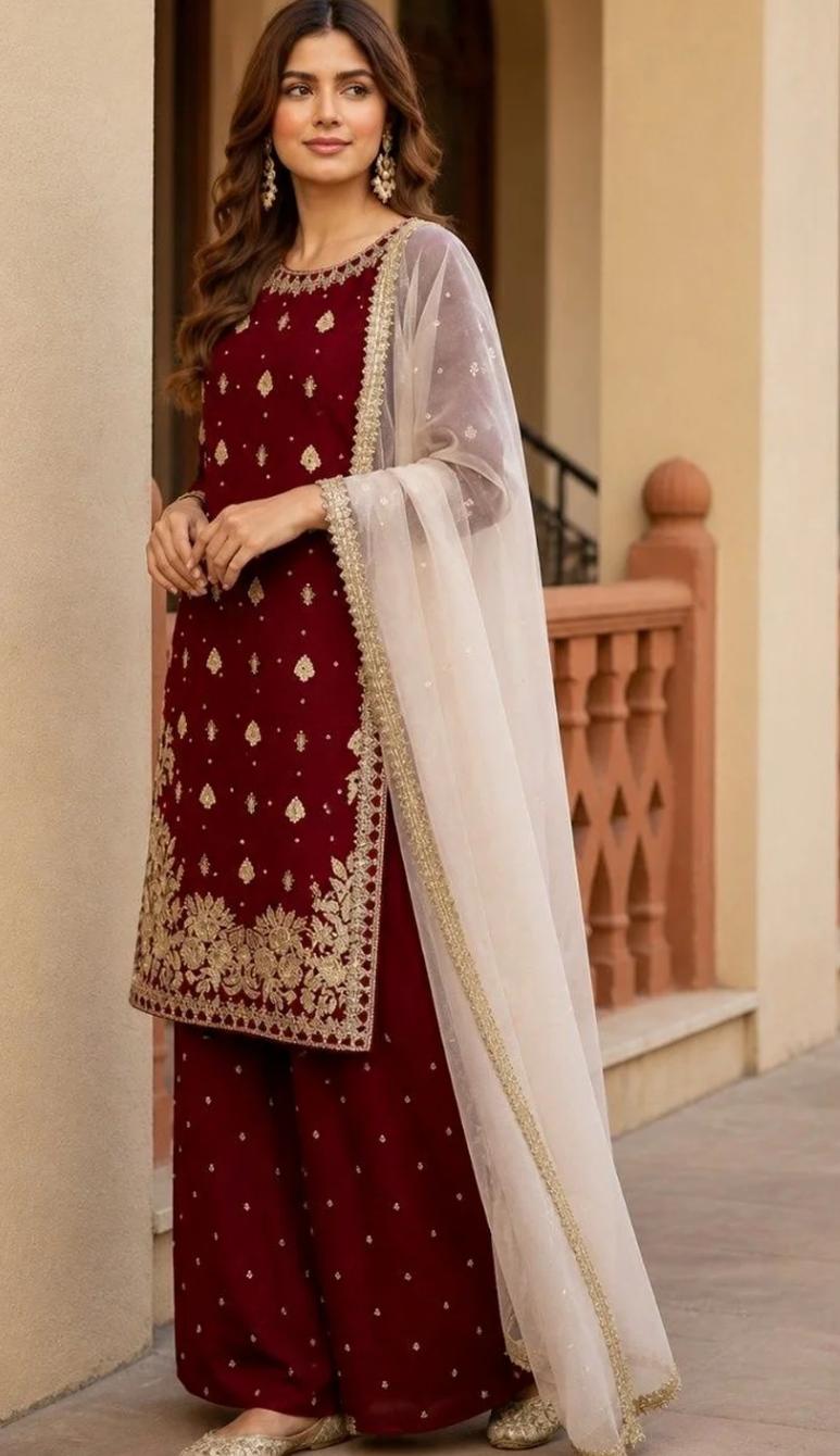 Maroon Embroidered Kurta Palazzo Set with Net Dupatta