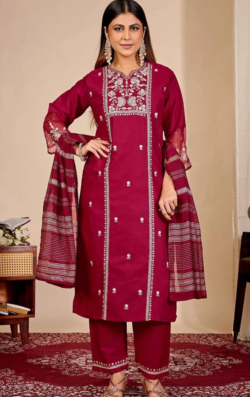 Ruby Red Embroidered Straight Kurta Set with Dupatta