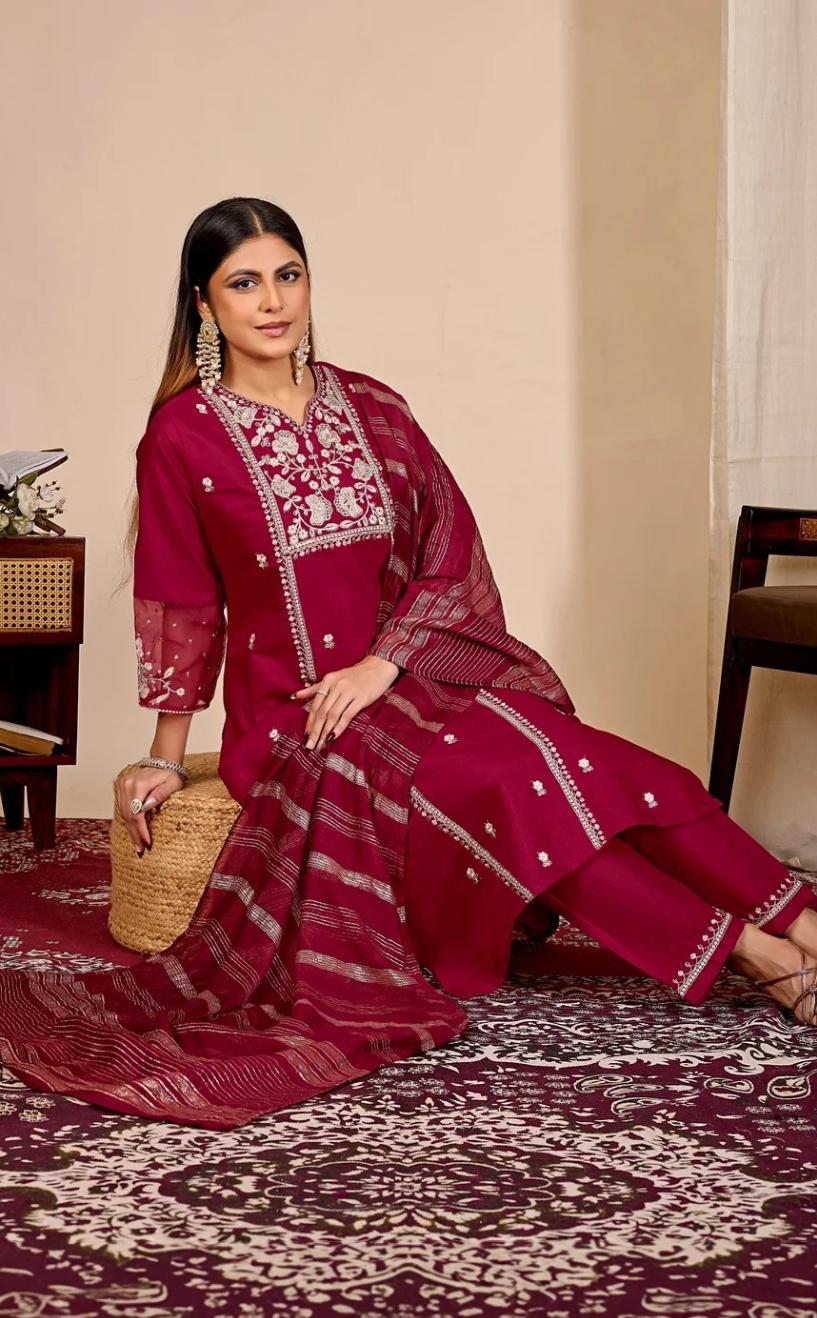 Ruby Red Embroidered Straight Kurta Set with Dupatta