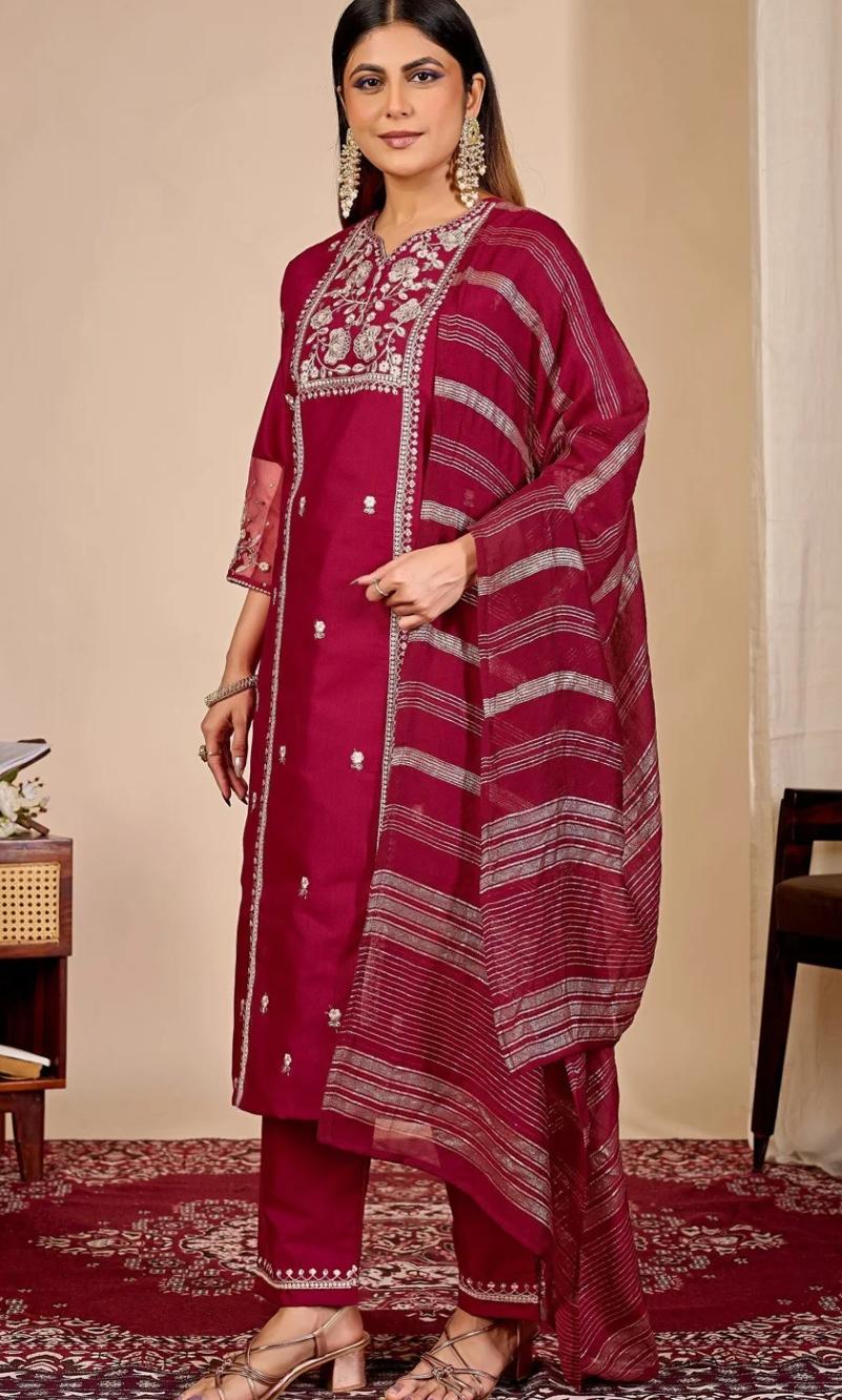 Ruby Red Embroidered Straight Kurta Set with Dupatta