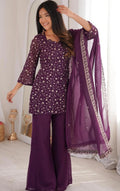 Purple Floral Embroidered Kurta Palazzo Set with Dupatta