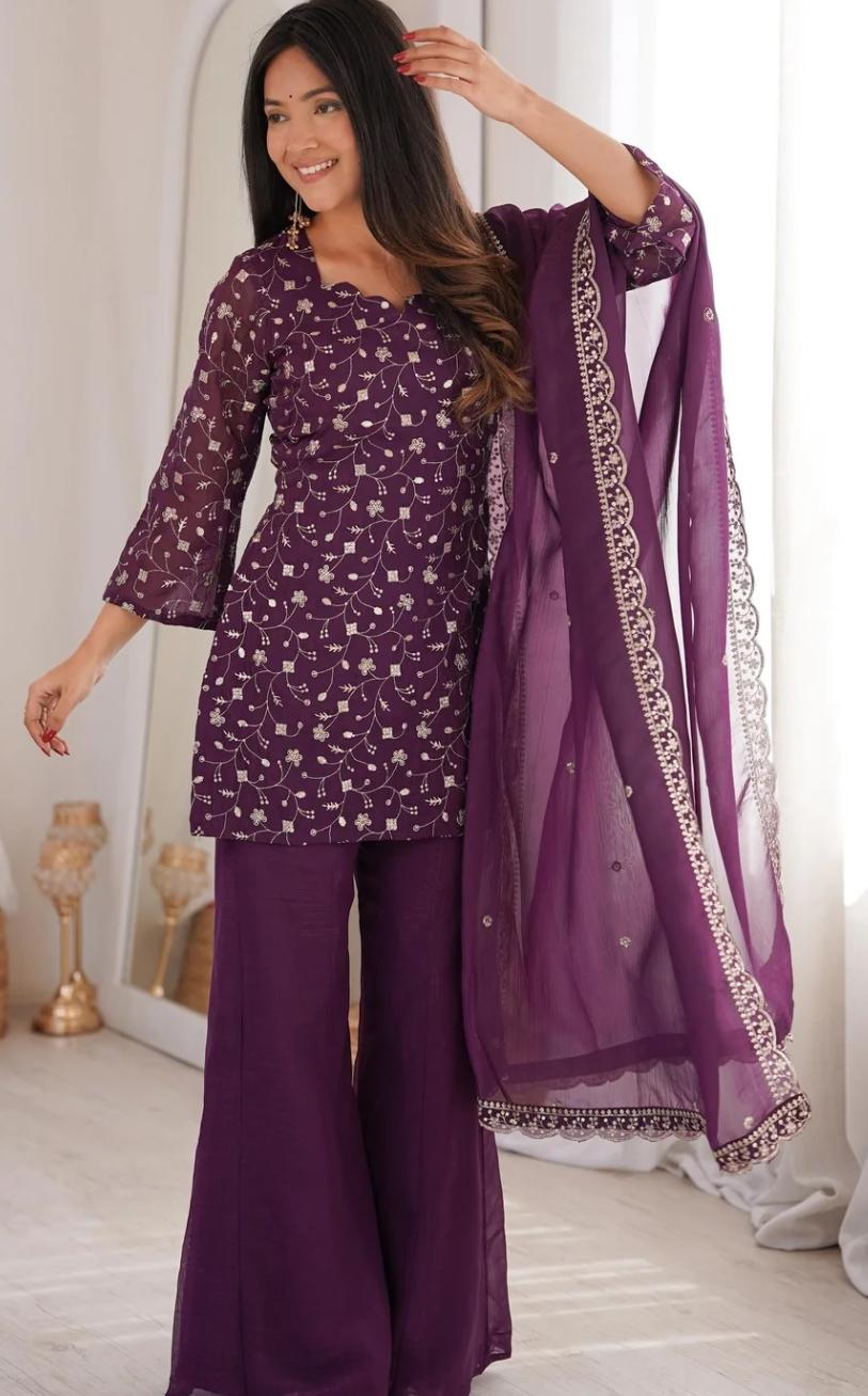 Purple Floral Embroidered Kurta Palazzo Set with Dupatta