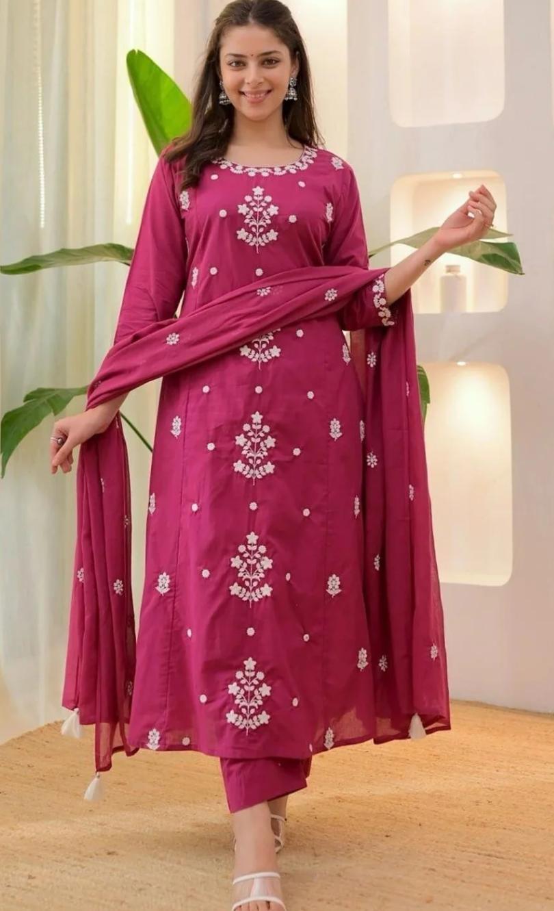 Rose Pink Embroidered Kurta Pant Set With Dupatta