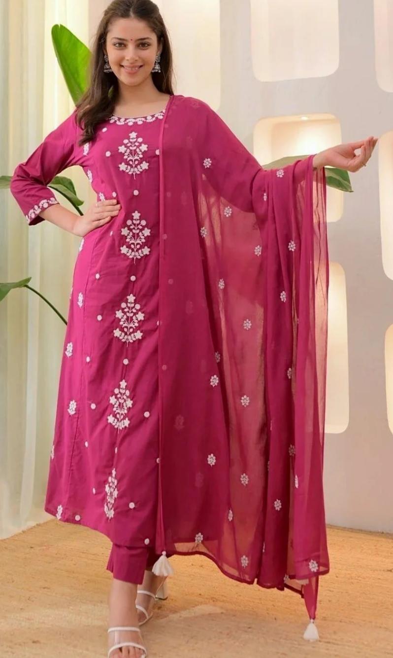 Rose Pink Embroidered Kurta Pant Set With Dupatta