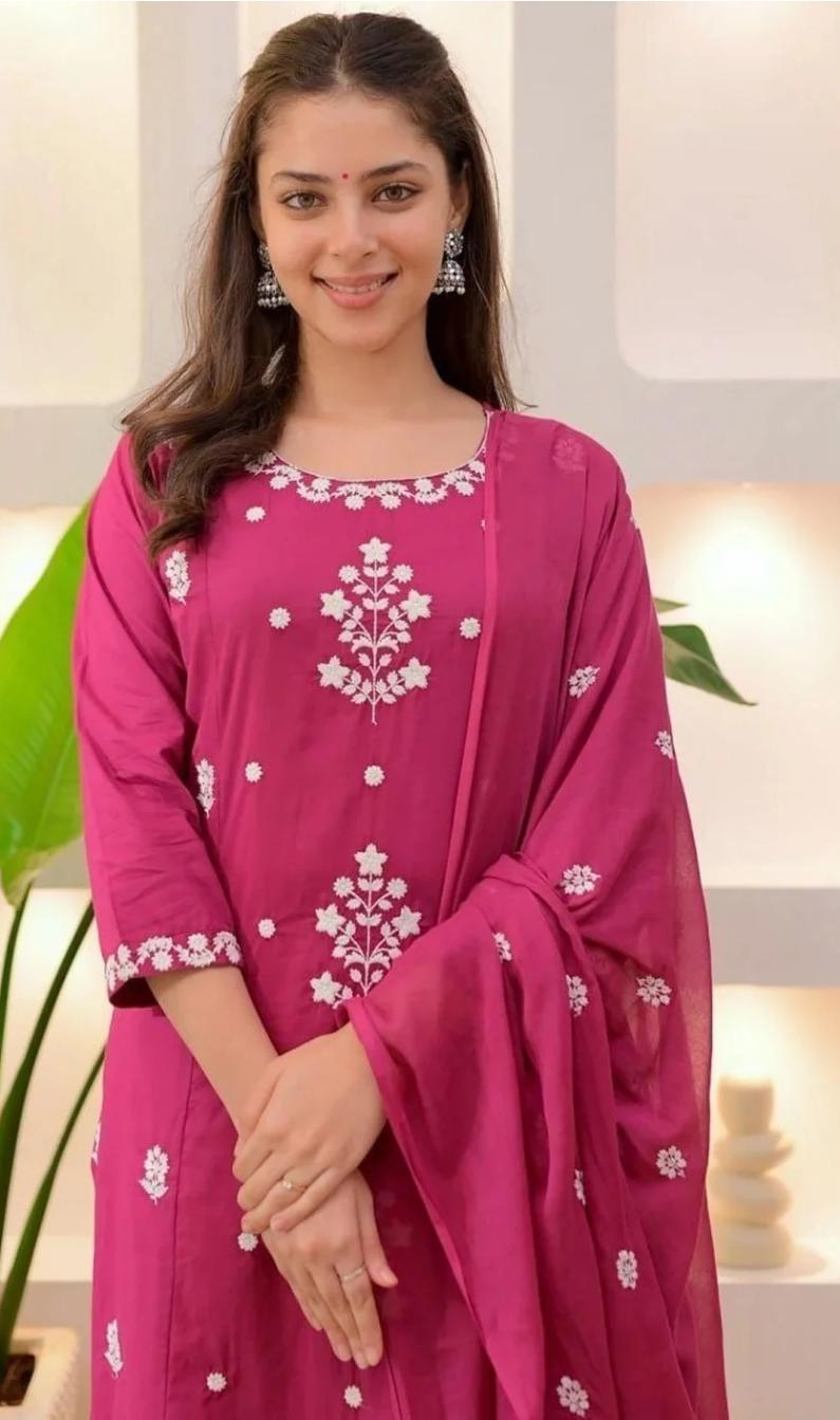 Rose Pink Embroidered Kurta Pant Set With Dupatta
