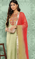 Mint Green Embroidered Kurta Set With Coral Dupatta