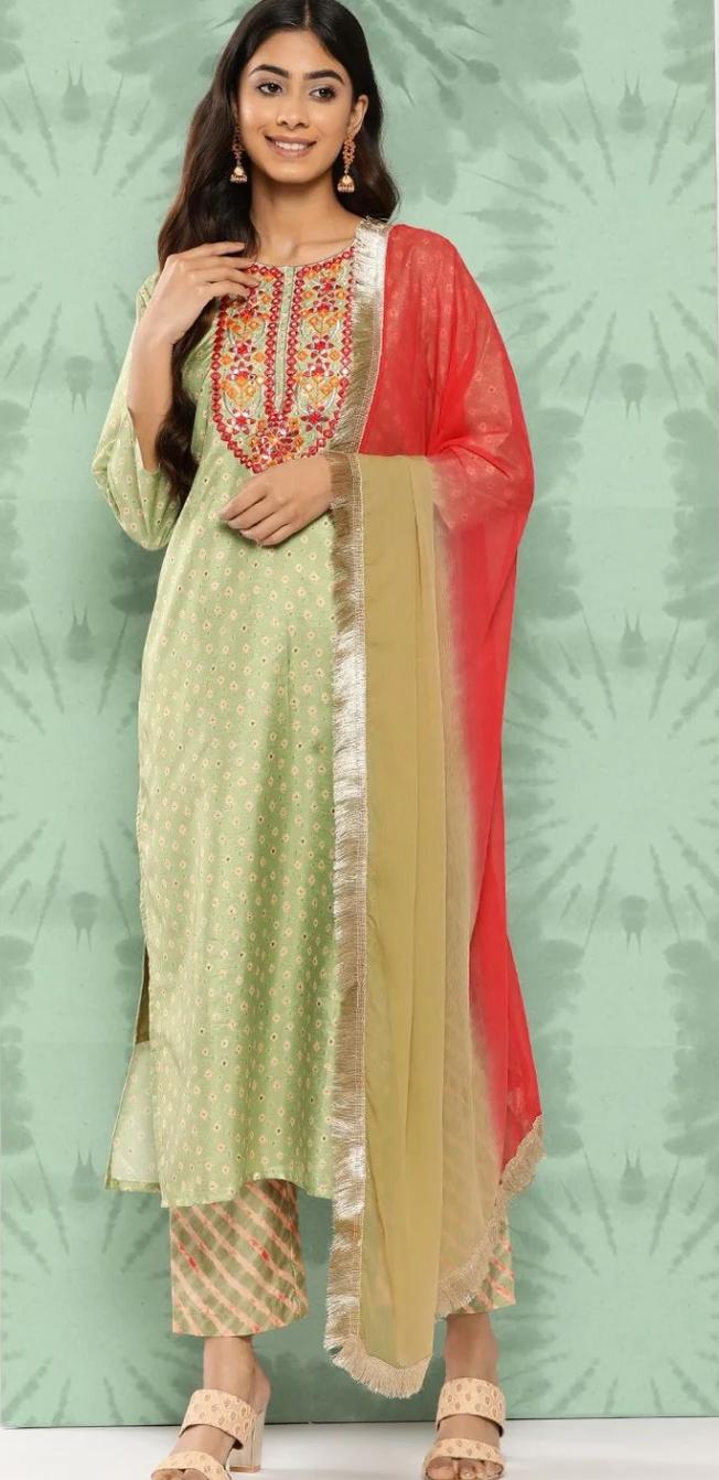 Mint Green Embroidered Kurta Set With Coral Dupatta