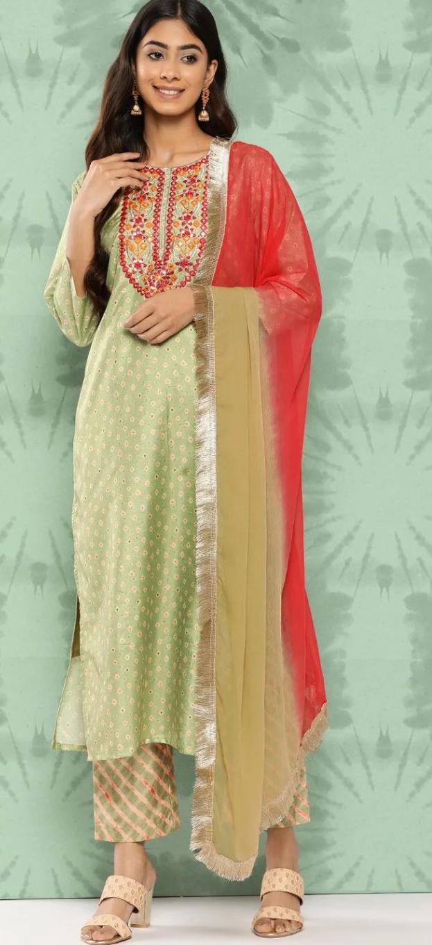Mint Green Embroidered Kurta Set With Coral Dupatta