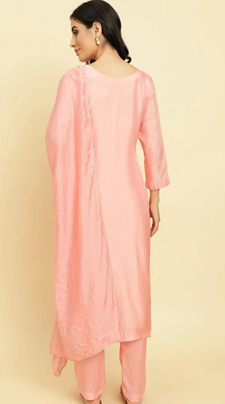 Blush Pink Embroidered Kurta Pant Set with Embellished Dupatta