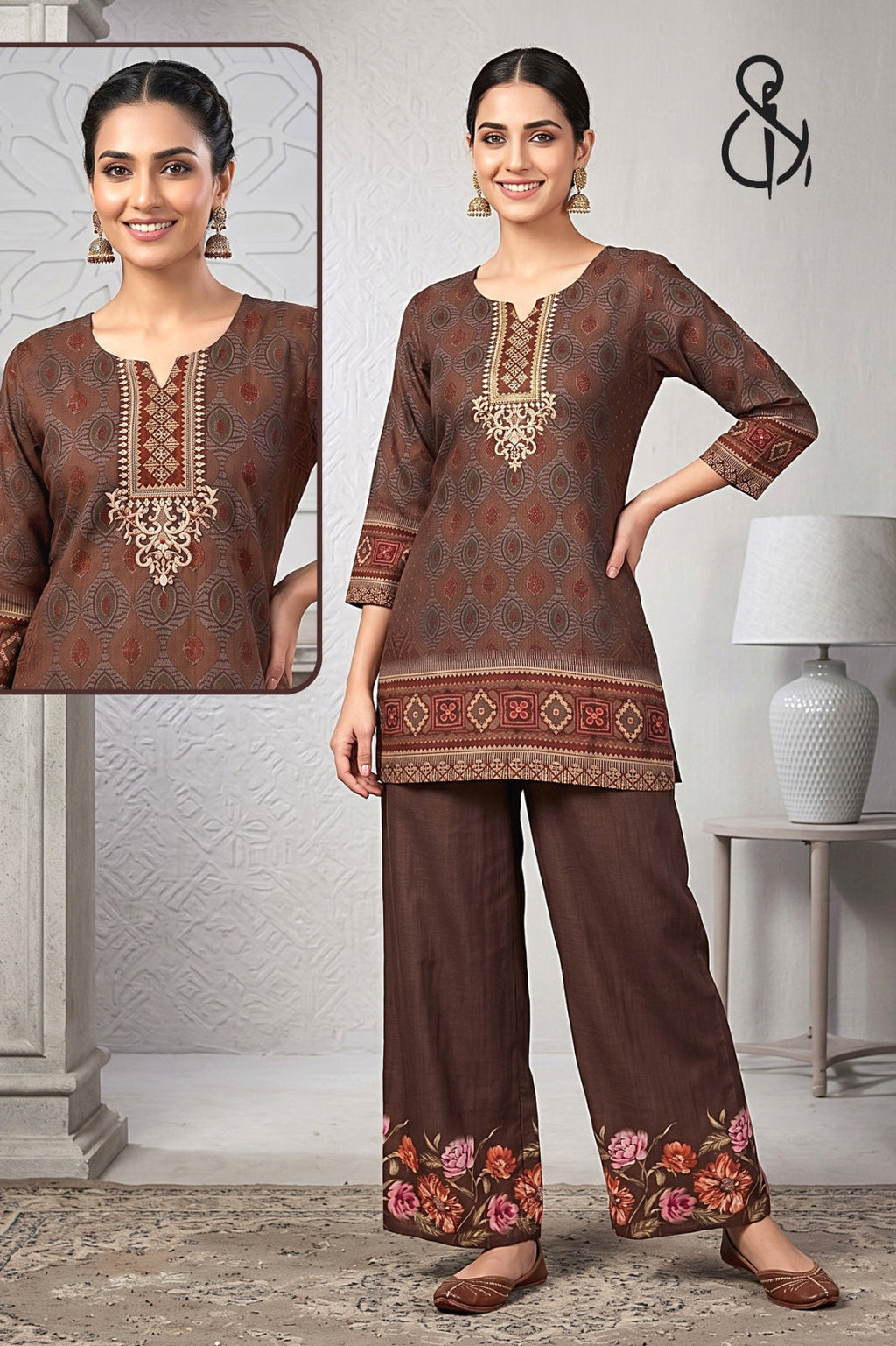 Brown Premium Floral Ethnic Kurta Set for Women