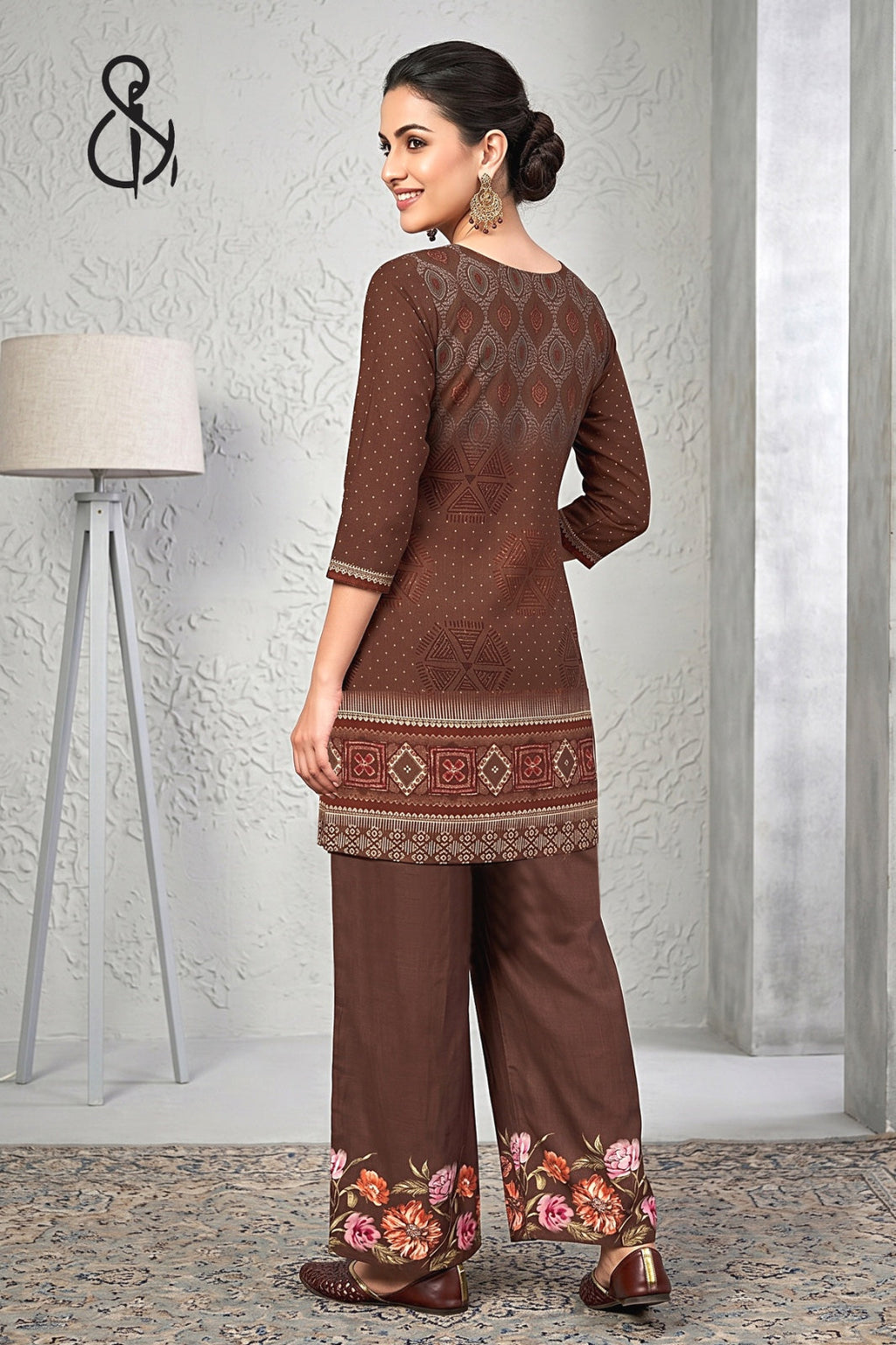 Brown Premium Floral Ethnic Kurta Set for Women