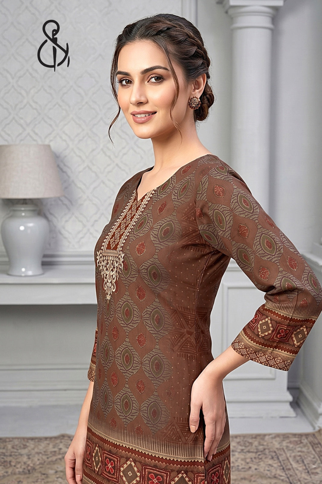 Brown Premium Floral Ethnic Kurta Set for Women