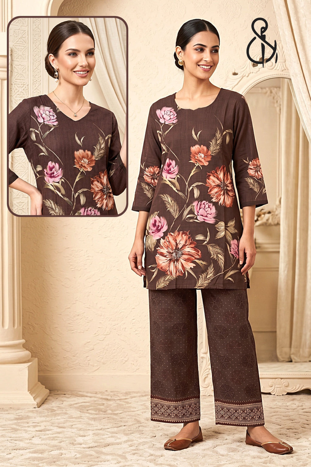 Light Brown Floral Kurta Set With Flower Print