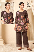 Light Brown Floral Kurta Set With Flower Print