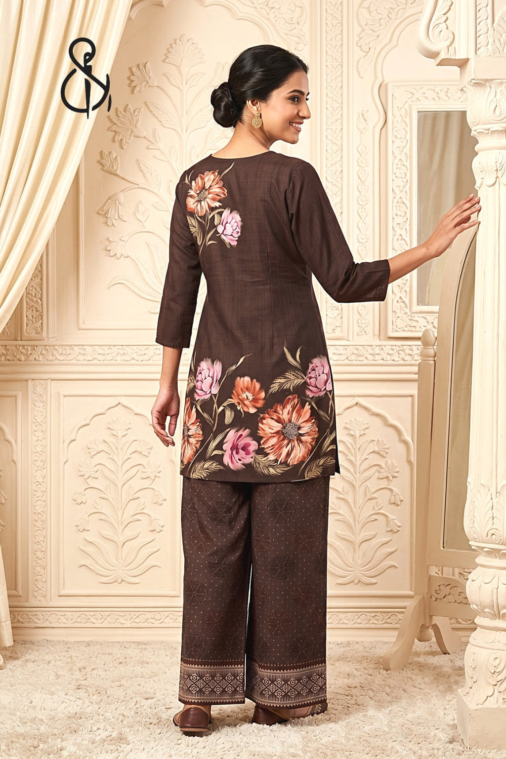Light Brown Floral Kurta Set With Flower Print