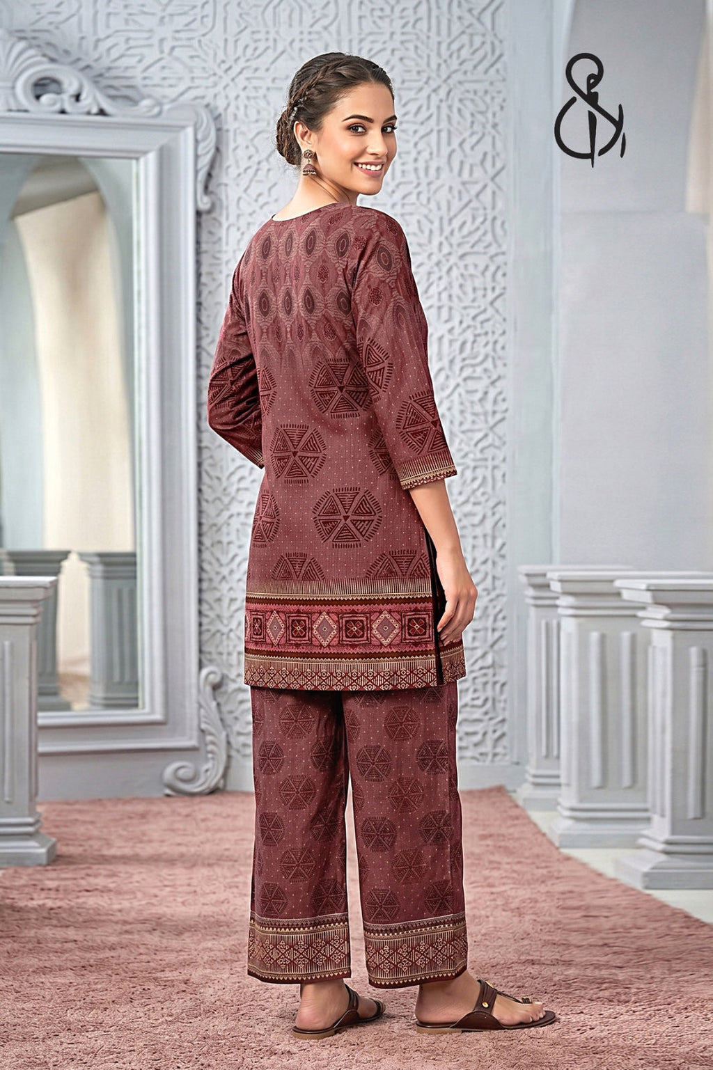 Peachy Brown Floral Print Kurta Set For Women