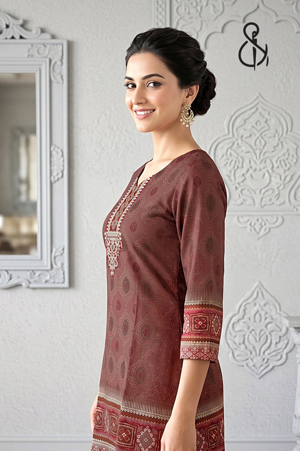 Peachy Brown Floral Print Kurta Set For Women