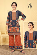 Blue Floral Printed Kurta Set With Orange Bottom