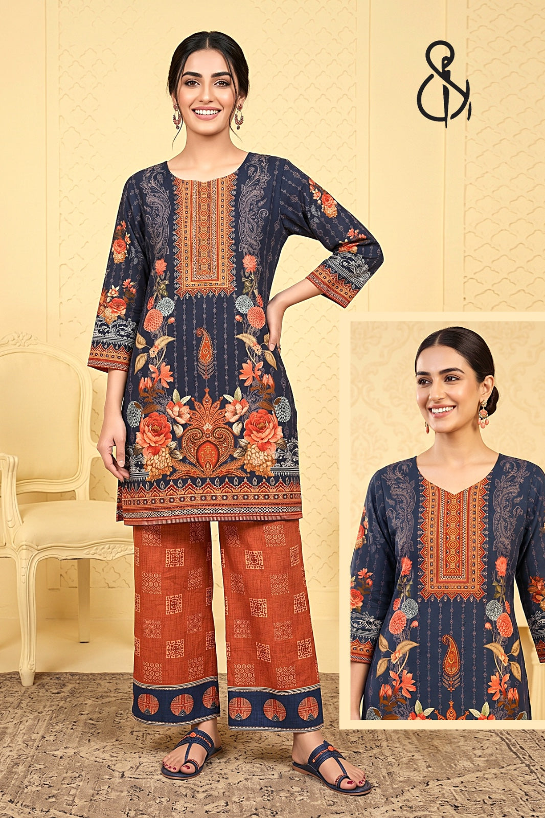 Blue Floral Printed Kurta Set With Orange Bottom