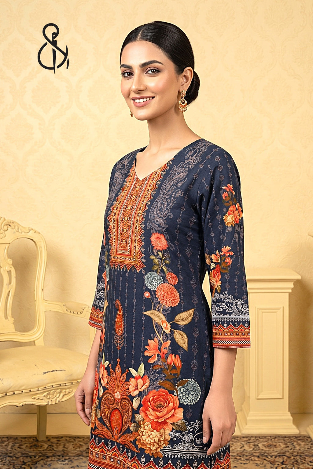 Blue Floral Printed Kurta Set With Orange Bottom