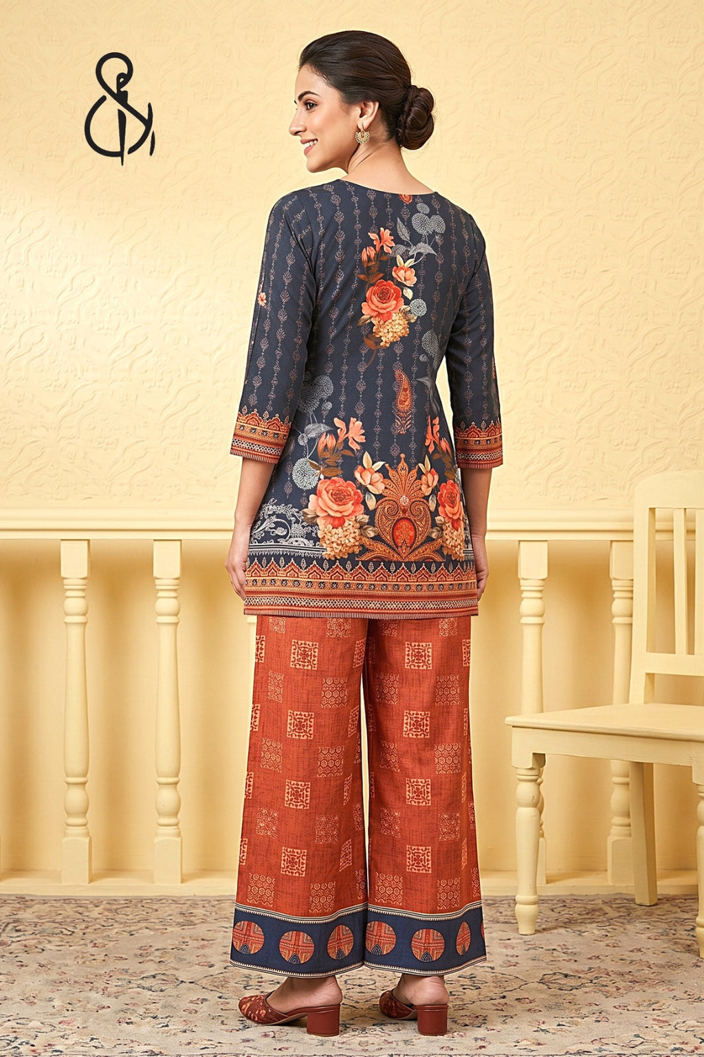Blue Floral Printed Kurta Set With Orange Bottom