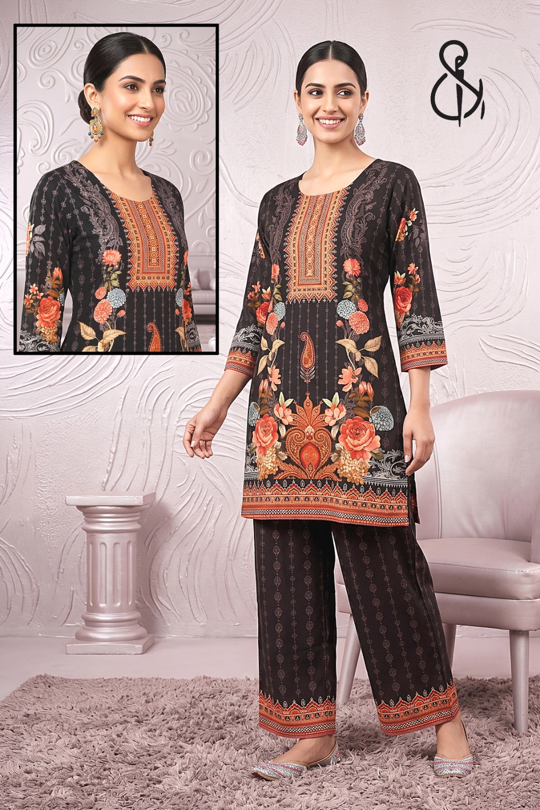 Black Floral Premium Kurta Set (Variant 2)